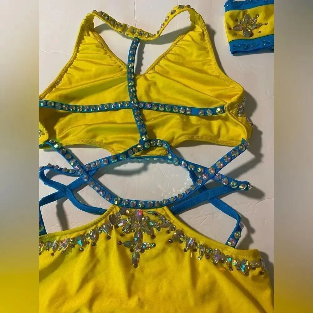 Custom Solo Dance Costume Yellow Blue Rhinestone Jazz Costume MA-Medium adult